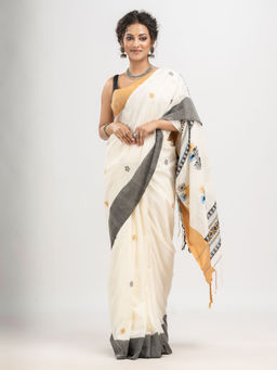 Angoshobha - Off White Cotton and Ganga Jamuna Solid Border Jacquard Saree with Unstitched Blouse