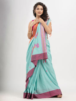 Angoshobha - Turquoise Cotton and Ganga Jamuna Solid Border Jacquard Saree with Unstitched Blouse