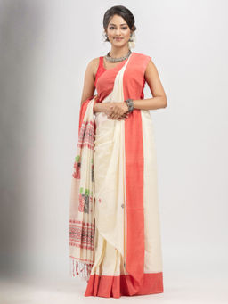 Angoshobha - Cream Cotton and Ganga Jamuna Solid Border Jacquard Saree with Unstitched Blouse