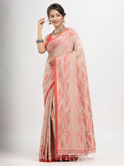 Angoshobha - Cozy Peach Cotton Handwoven Jacquard Saree with Unstitched Blouse