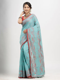 Angoshobha - Aqua Blue Cotton Handwoven Jacquard Saree with Unstitched Blouse