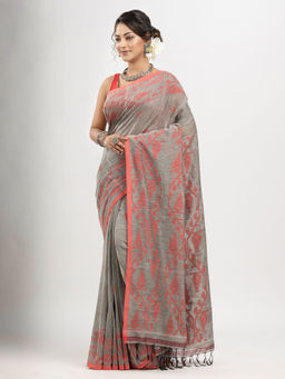 Angoshobha - Grey Cotton Handwoven Jacquard Saree with Unstitched Blouse