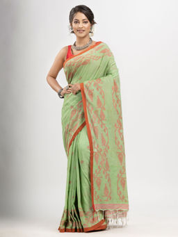Angoshobha - Mint Green Cotton Handwoven Jacquard Saree with Unstitched Blouse