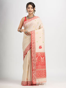 Angoshobha - Off White Cotton with Jacquard Border Handloom Saree with Unstitched Blouse
