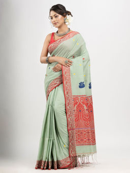 Angoshobha - Sage Green Cotton and Jacquard Border Handloom Saree with Unstitched Blouse