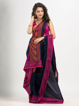 Angoshobha - Navy Blue Cotton and Ganga Jamuna Jacquard Border Handloom Saree with Unstitched Blouse