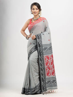 Angoshobha - Pearl Grey Cotton and Ganga Jamuna Jacquard Border Handloom Saree with Unstitched Blouse