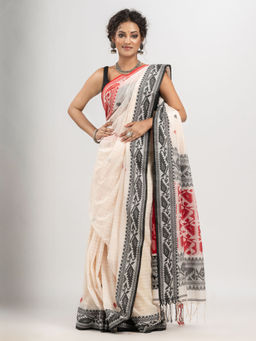 Angoshobha - Off White Cotton and Ganga Jamuna Jacquard Border Handloom Saree with Unstitched Blouse
