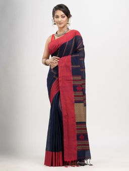 Angoshobha - Navy Blue Cotton Stripe with Pallu and Solid Border Handloom Saree with Unstitched Blouse