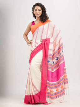 Angoshobha - White Cotton Stripe and Ganga Jamuna Solid Border Handloom Saree with Unstitched Blouse