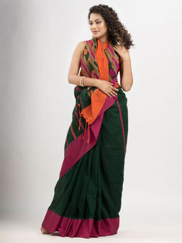 Angoshobha - Bottle Green Cotton Stripe and Solid Border Handloom Saree with Unstitched Blouse