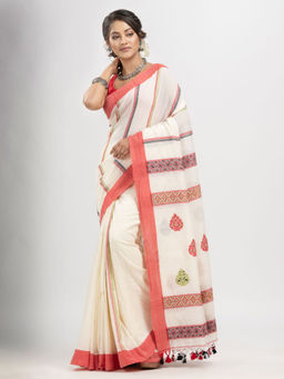 Angoshobha - Off White Cotton Stripe with Pallu and Solid Border Handloom Saree with Unstitched Blouse