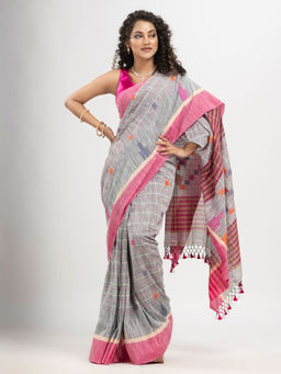 Angoshobha - Silver Cotton with Pallu In Solid Border Handloom Saree with Unstitched Blouse