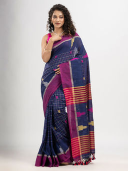 Angoshobha - Berry Blue Cotton with Pallu In Solid Border Handloom Saree with Unstitched Blouse