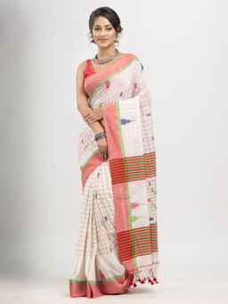 Angoshobha - White Cotton and Buti with Pallu In Solid Border Handloom Saree with Unstitched Blouse