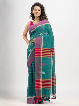 Angoshobha - Teal Cotton and Buti with Pallu In Solid Border Handloom Saree with Unstitched Blouse
