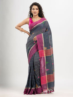 Angoshobha - Steel Grey Cotton with Pallu In Solid Border Handloom Saree with Unstitched Blouse