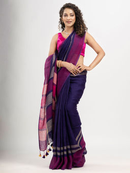 Angoshobha - Navy Blue with Multi Colour Pallu Handwoven Linen Saree with Unstitched Blouse