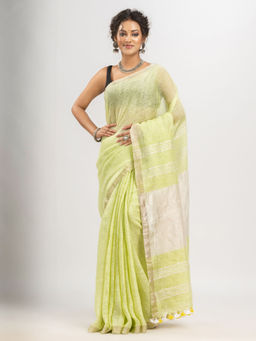 Angoshobha - Light Green In Silver Zari Border Handwoven Linen Saree with Unstitched Blouse