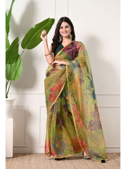 Label Kanupriya - Women Green Organza Floral Saree with Unstitched Blouse