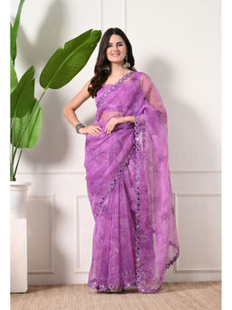 Label Kanupriya - Women Purple Organza Floral Saree with Unstitched Blouse