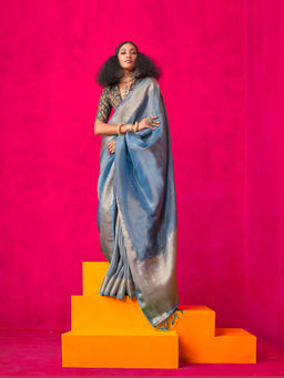 Elora - Women Navy Blue Tissue Woven Saree with Unstitched Blouse