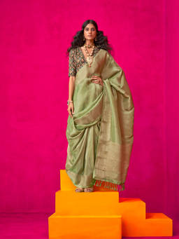 Elora - Women Green Tissue Woven Saree with Unstitched Blouse