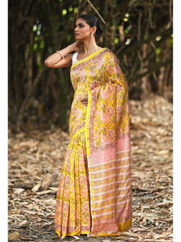 Unnati Silks - Women Yellow Cotton Silk Floral Saree with Unstitched Blouse