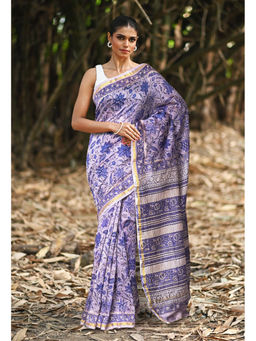 Unnati Silks - Women Blue Cotton Silk Floral Saree with Unstitched Blouse