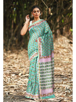 Unnati Silks - Women Green Cotton Silk Floral Saree with Unstitched Blouse