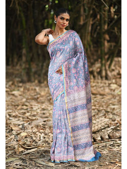 Unnati Silks - Women Blue Cotton Silk Floral Saree with Unstitched Blouse
