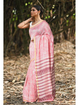 Unnati Silks - Women Pink Cotton Silk Floral Saree with Unstitched Blouse