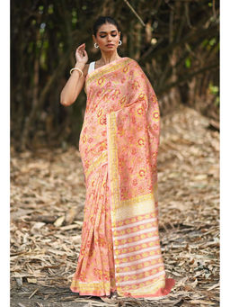 Unnati Silks - Women Pink Cotton Silk Floral Saree with Unstitched Blouse