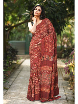 Unnati Silks - Women Red Silk Printed Saree with Unstitched Blouse