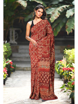 Unnati Silks - Women Red Silk Printed Saree with Unstitched Blouse