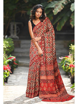 Unnati Silks - Women Red Silk Printed Saree with Unstitched Blouse
