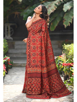 Unnati Silks - Women Red Silk Printed Saree with Unstitched Blouse