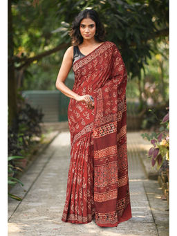 Unnati Silks - Women Red Silk Printed Saree with Unstitched Blouse
