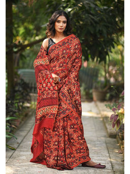 Unnati Silks - Women Red Silk Printed Saree with Unstitched Blouse