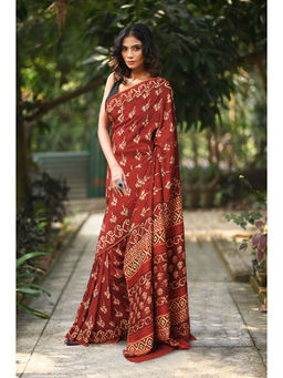 Unnati Silks - Women Red Silk Printed Saree with Unstitched Blouse