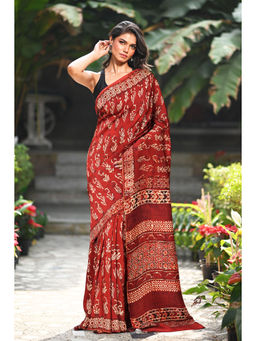 Unnati Silks - Women Red Silk Printed Saree with Unstitched Blouse