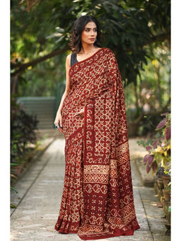 Unnati Silks - Women Red Silk Printed Saree with Unstitched Blouse