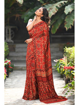 Unnati Silks - Women Red Silk Printed Saree with Unstitched Blouse