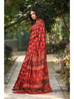 Unnati Silks - Women Red Silk Printed Saree with Unstitched Blouse