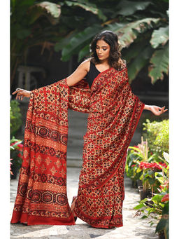Unnati Silks - Women Red Silk Printed Saree with Unstitched Blouse