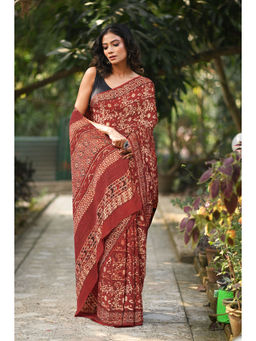 Unnati Silks - Women Red Silk Printed Saree with Unstitched Blouse