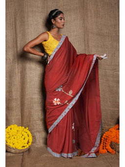 Unnati Silks - Women Red Cotton Embroidered Saree with Unstitched Blouse