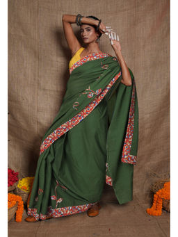 Unnati Silks - Women Green Cotton Embroidered Saree with Unstitched Blouse