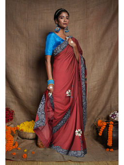 Unnati Silks - Women Red Cotton Embroidered Saree with Unstitched Blouse