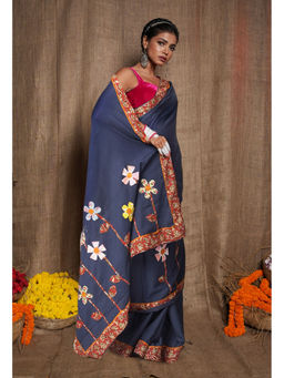 Unnati Silks - Women Blue Cotton Embroidered Saree with Unstitched Blouse
